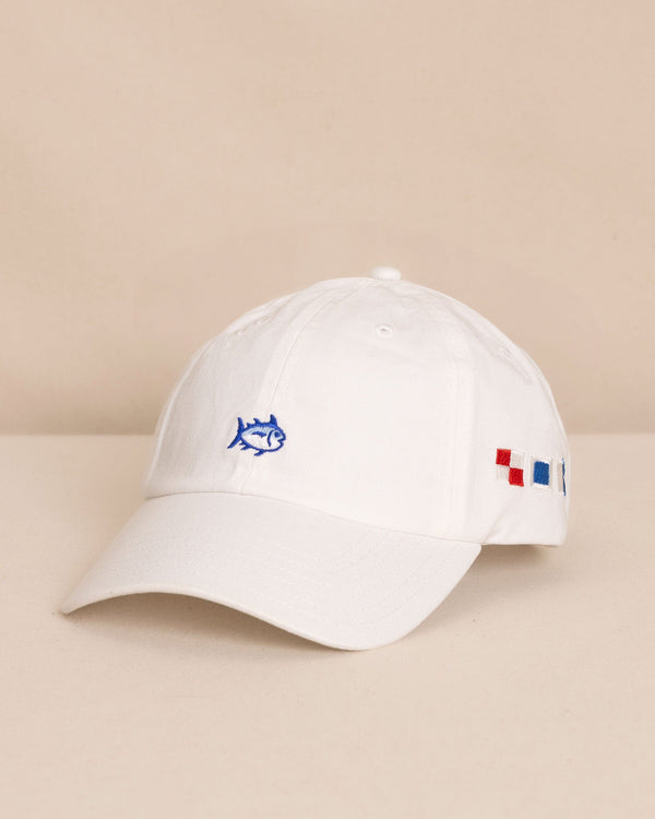 The front view of the Southern Tide USA Nautical Flags Skipjack Hat by Southern Tide - White