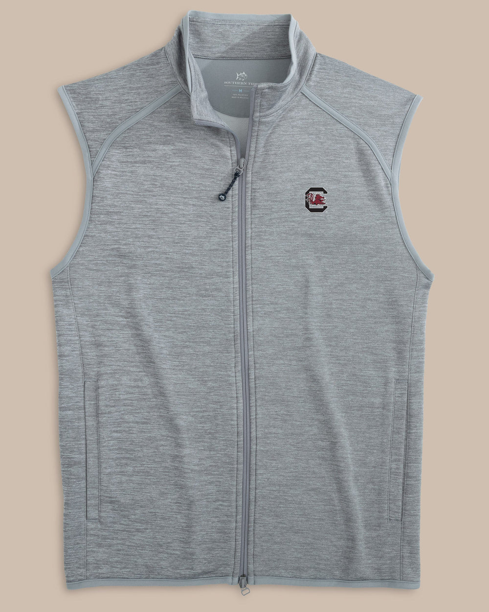 The front view of the USC Gamecocks Baybrook Heather Vest by Southern Tide - Heather Ultimate Grey