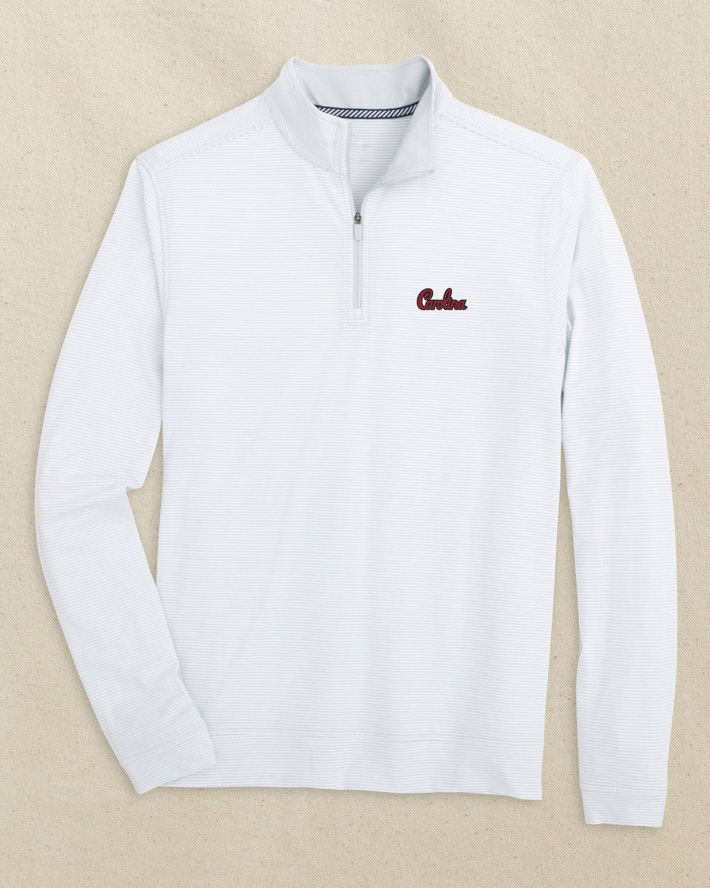 The front view of the Southern Tide USC Gamecocks Carolina Script Cruiser Micro-Stripe Quarter Zip by Southern Tide - Heather Slate Grey