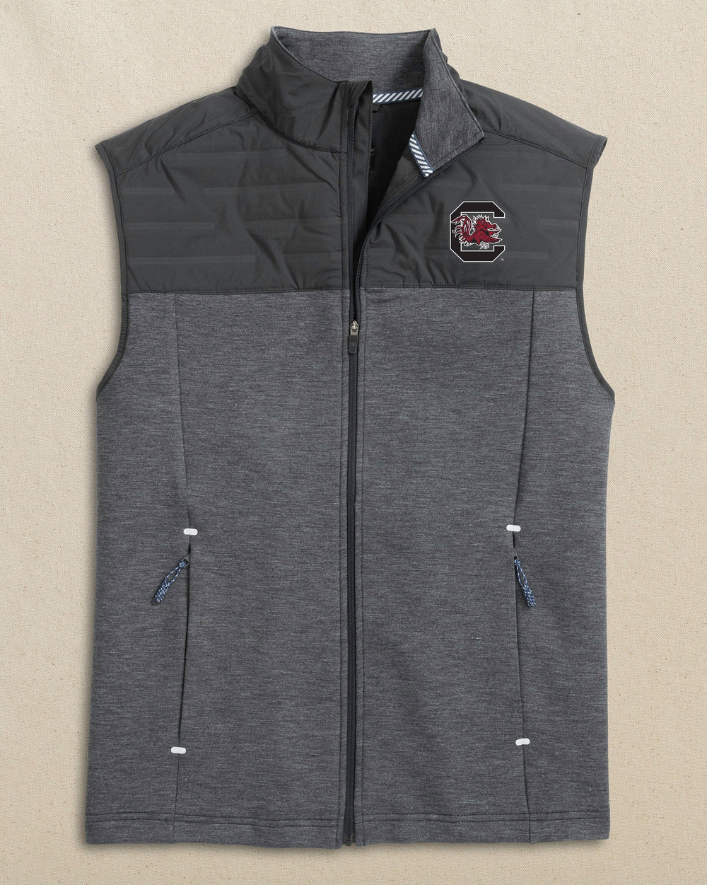 The front view of the Southern Tide USC Gamecocks Coligny Quilted Vest by Southern Tide - Caviar Black