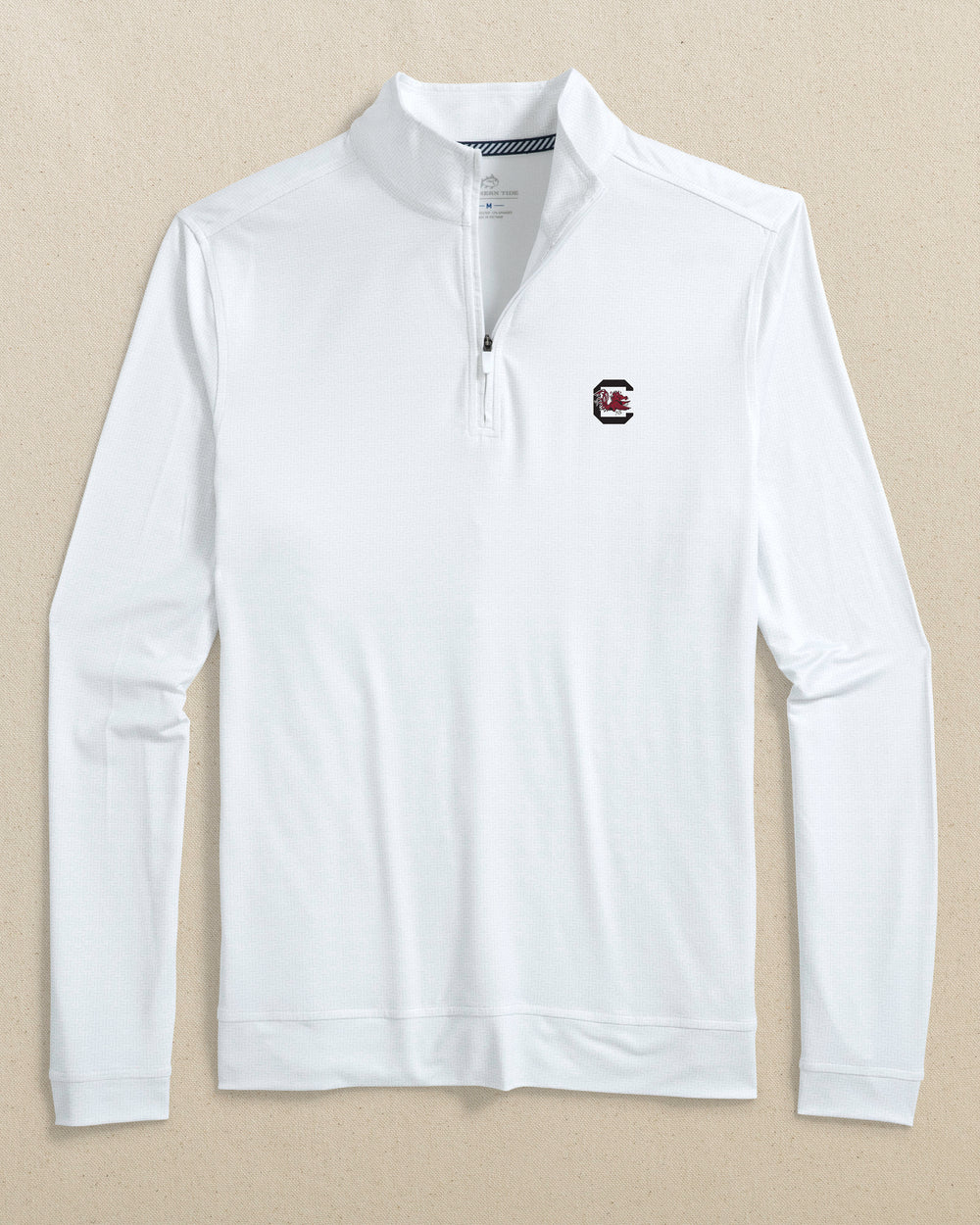 The front view of the Southern Tide USC Gamecocks Cruiser ST Geo Printed Quarter Zip by Southern Tide - Classic White