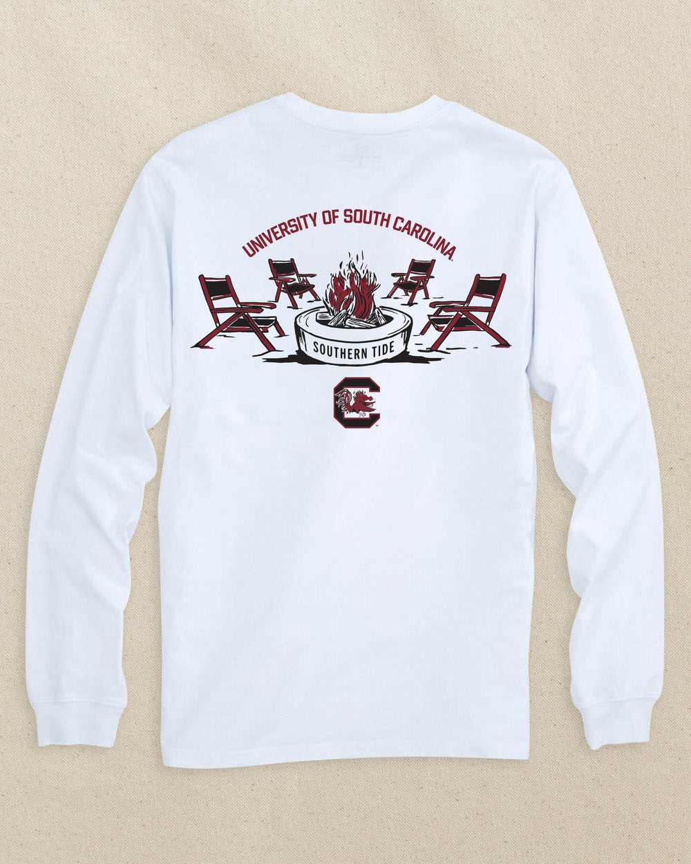 The back view of the Southern Tide USC Gamecocks Gameday Bonfire Long Sleeve T-Shirt by Southern Tide - Classic White