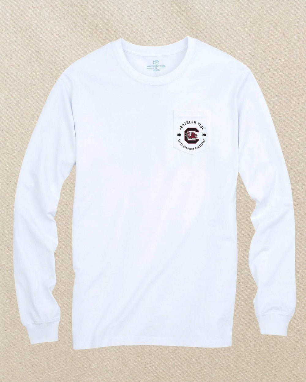 The front view of the Southern Tide USC Gamecocks Gameday Bonfire Long Sleeve T-Shirt by Southern Tide - Classic White