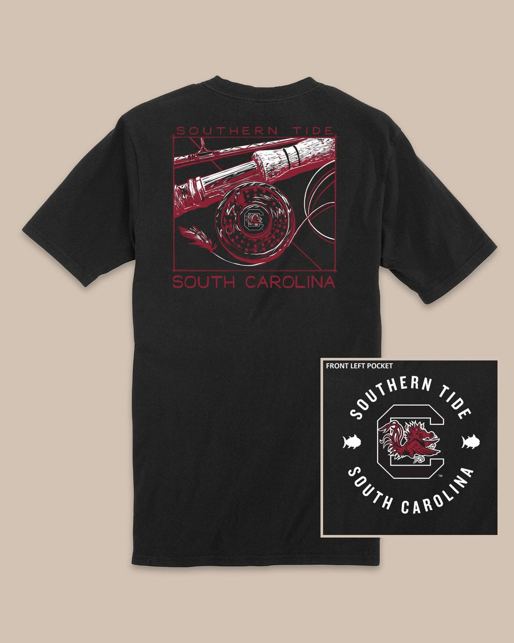 The back view of the USC Gamecocks Gameday Fly Reel T-Shirt by Southern Tide - Black