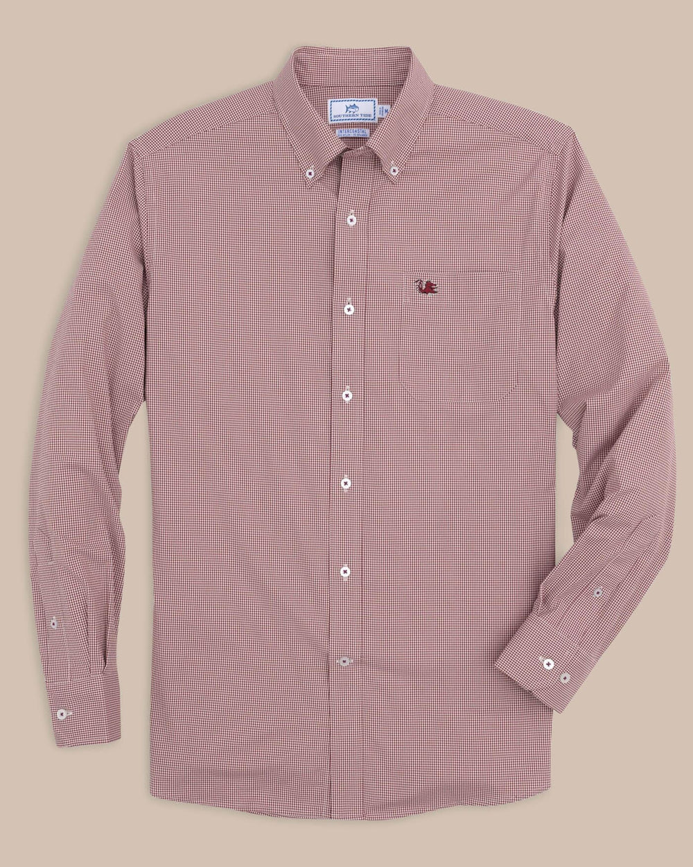 The front view of the Men's Red USC Gamecocks Gingham Button Down Shirt by Southern Tide - Chianti