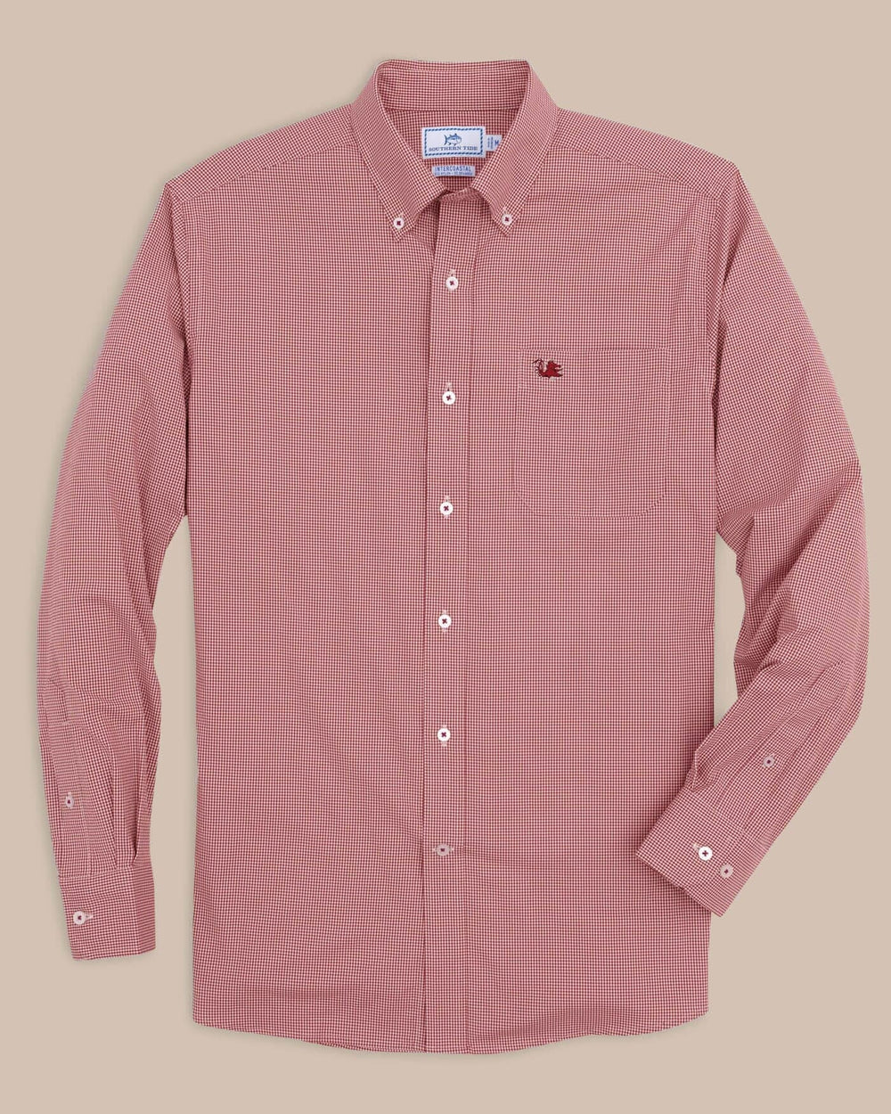 The front view of the Southern Tide USC Gamecocks Gingham Button Down Shirt by Southern Tide - Crimson