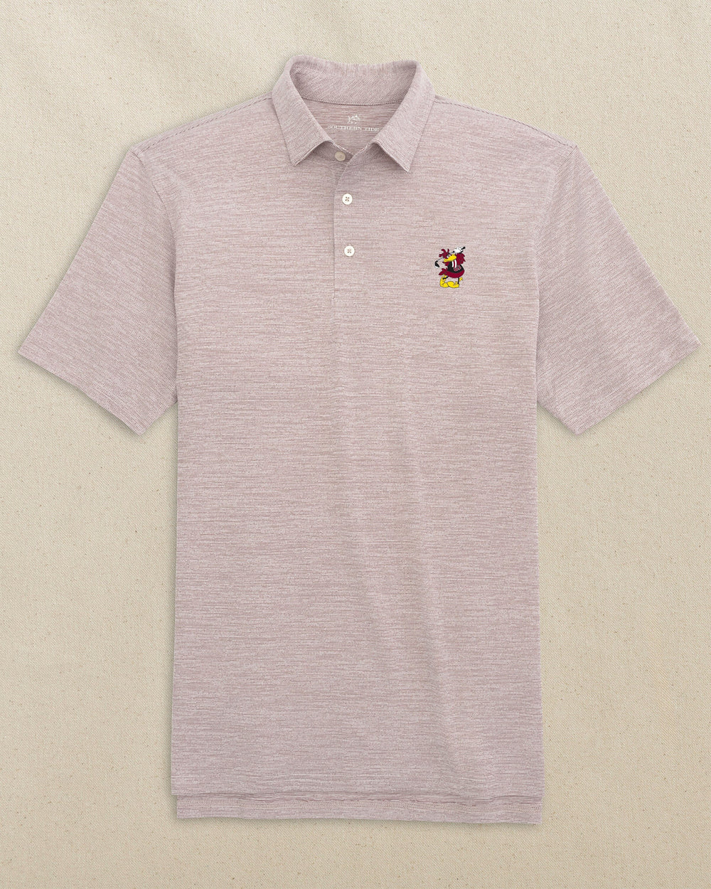 The front view of the Southern Tide USC Gamecocks Golf Logo Driver Spacedye Polo by Southern Tide - Chianti