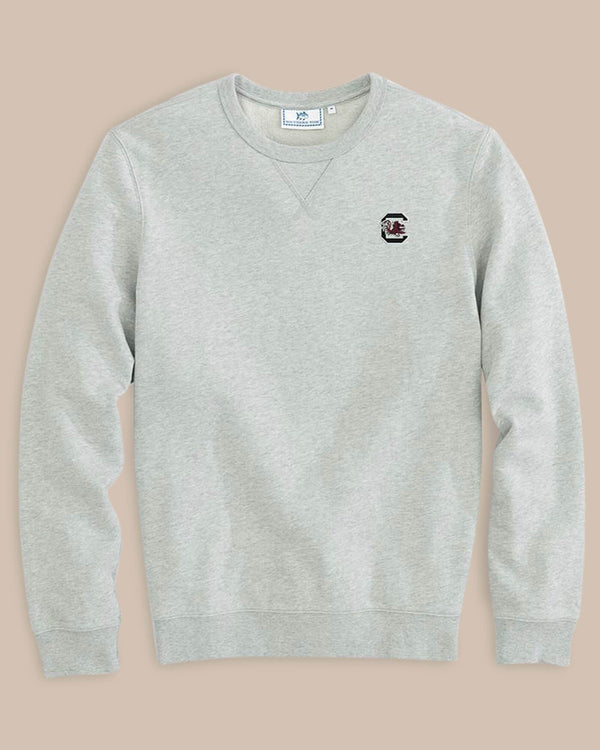 The front view of the Men's Grey USC Upper Deck Pullover Sweatshirt by Southern Tide - Heather Slate Grey
