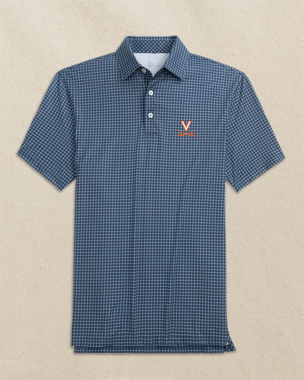 The front view of the Southern Tide UVA Cavaliers Driver Dunes Edge Plaid Polo by Southern Tide - Navy