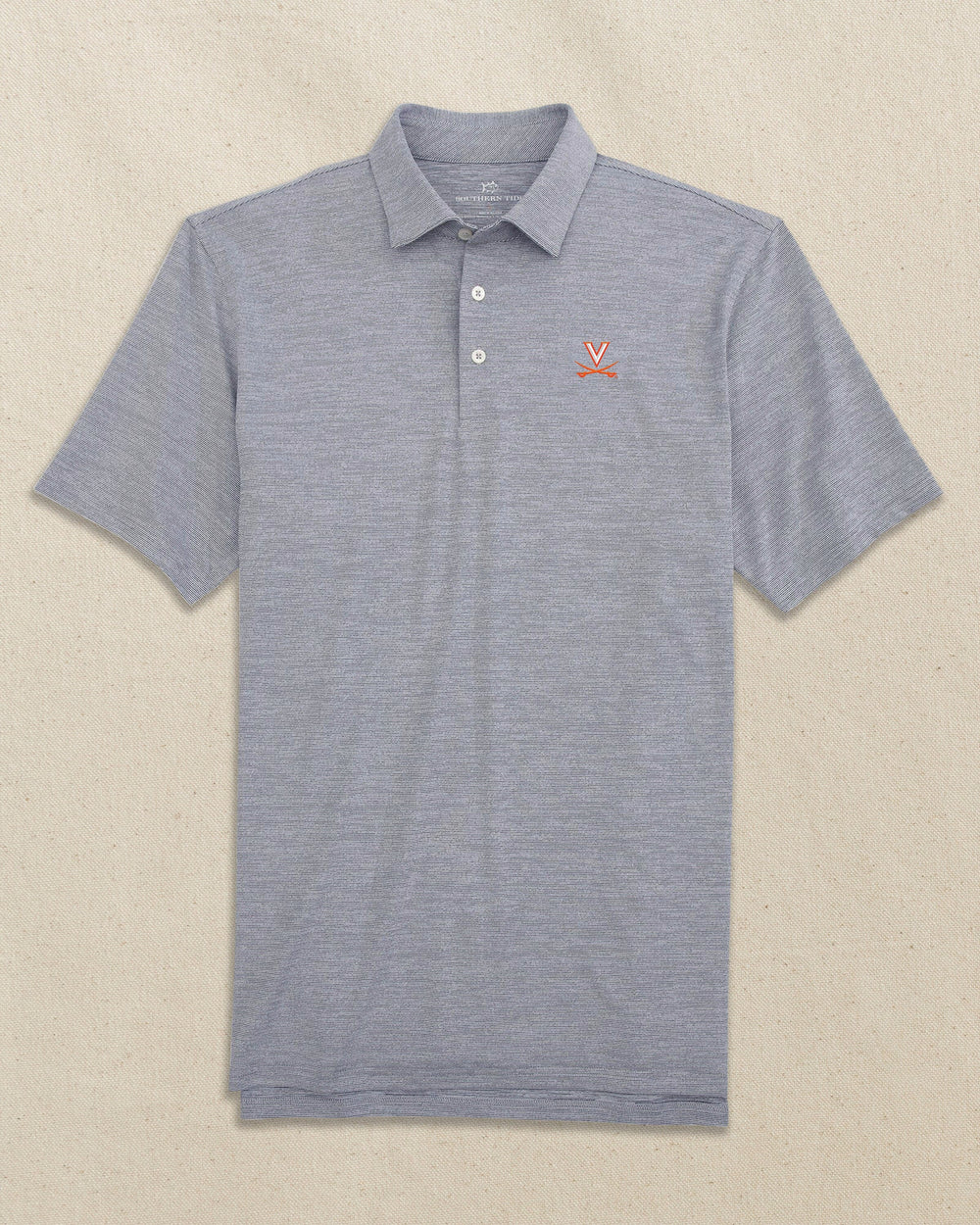 The front view of the Southern Tide UVA Cavaliers Driver Spacedye Polo by Southern Tide - Navy