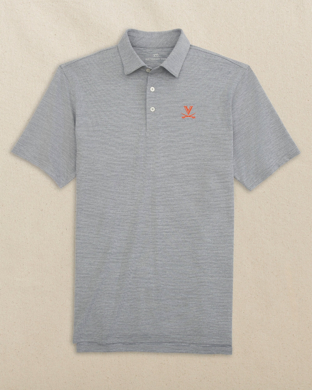 The front view of the Southern Tide UVA Cavaliers Driver Spacedye Polo by Southern Tide - Navy