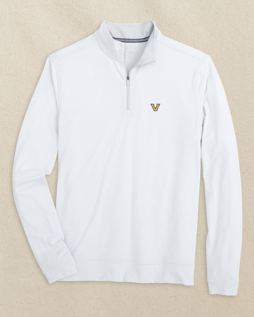 The front view of the Southern Tide Vanderbilt Commodores Cruiser Micro-Stripe Heather Quarter Zip by Southern Tide - Heather Slate Grey