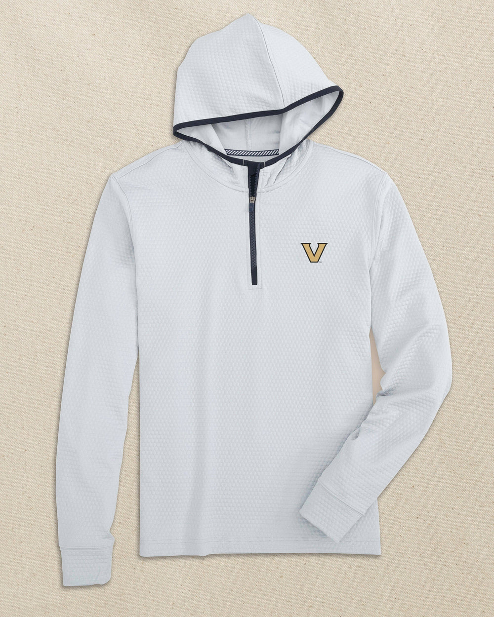 The front view of the Southern Tide Vanderbilt Commodores Scuttle Quarter Zip Hoodie by Southern Tide - Heather Slate Grey