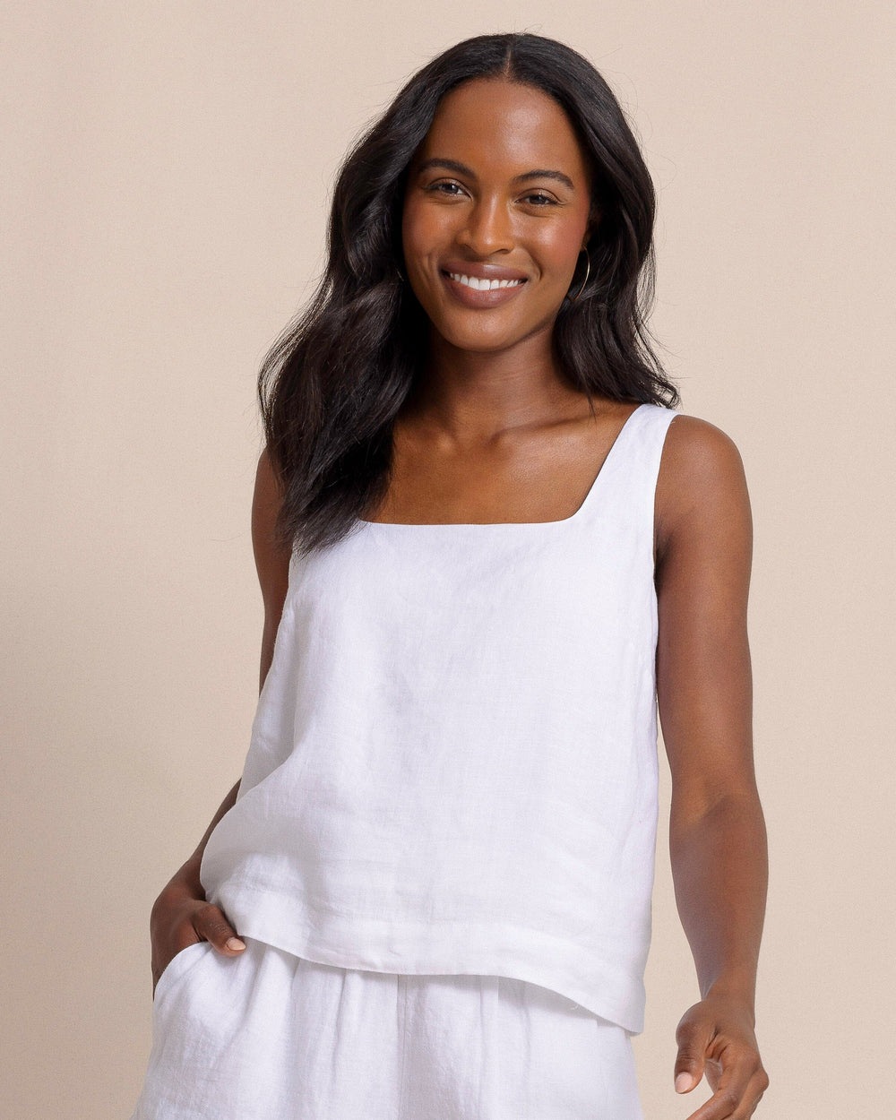 The front view of the Southern Tide Verity Linen Square Neck Tank by Southern Tide - Classic White