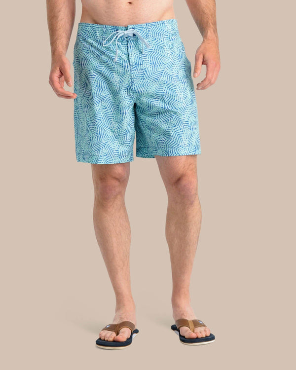 The front view of the Southern Tide Vibin' Palm Printed Swim Short by Southern Tide - Atlantic Blue