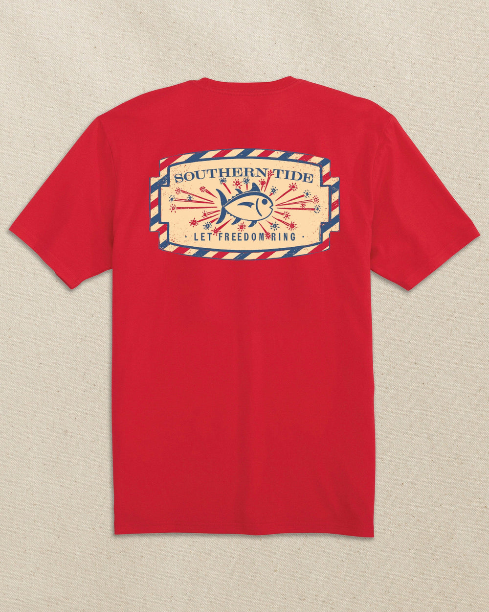 The back view of the Southern Tide Vintage Firecracker Label Short Sleeve T-Shirt by Southern Tide - Channel Marker Red