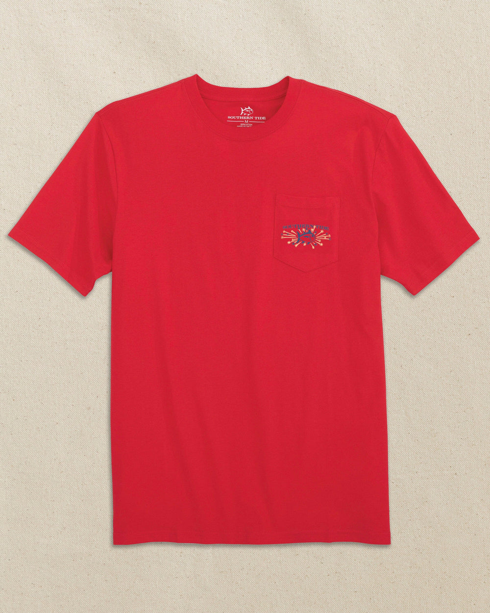 The front view of the Southern Tide Vintage Firecracker Label Short Sleeve T-Shirt by Southern Tide - Channel Marker Red
