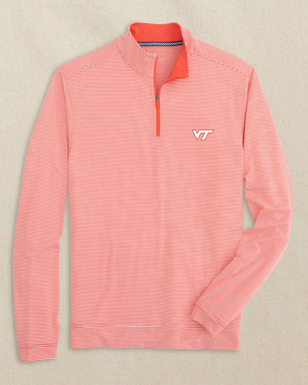 The front view of the Southern Tide Virginia Tech Hokies Cruiser Micro-Stripe Quarter Zip by Southern Tide - Heather Endzone Orange