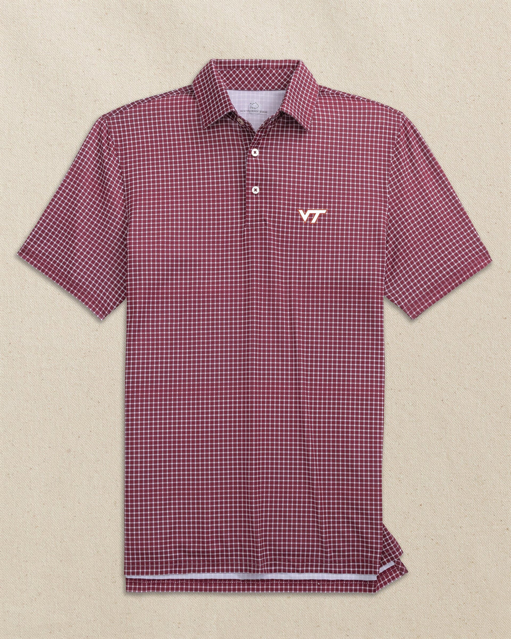 The front view of the Southern Tide Virginia Tech Hokies Driver Dunes Edge Plaid Polo by Southern Tide - Chianti