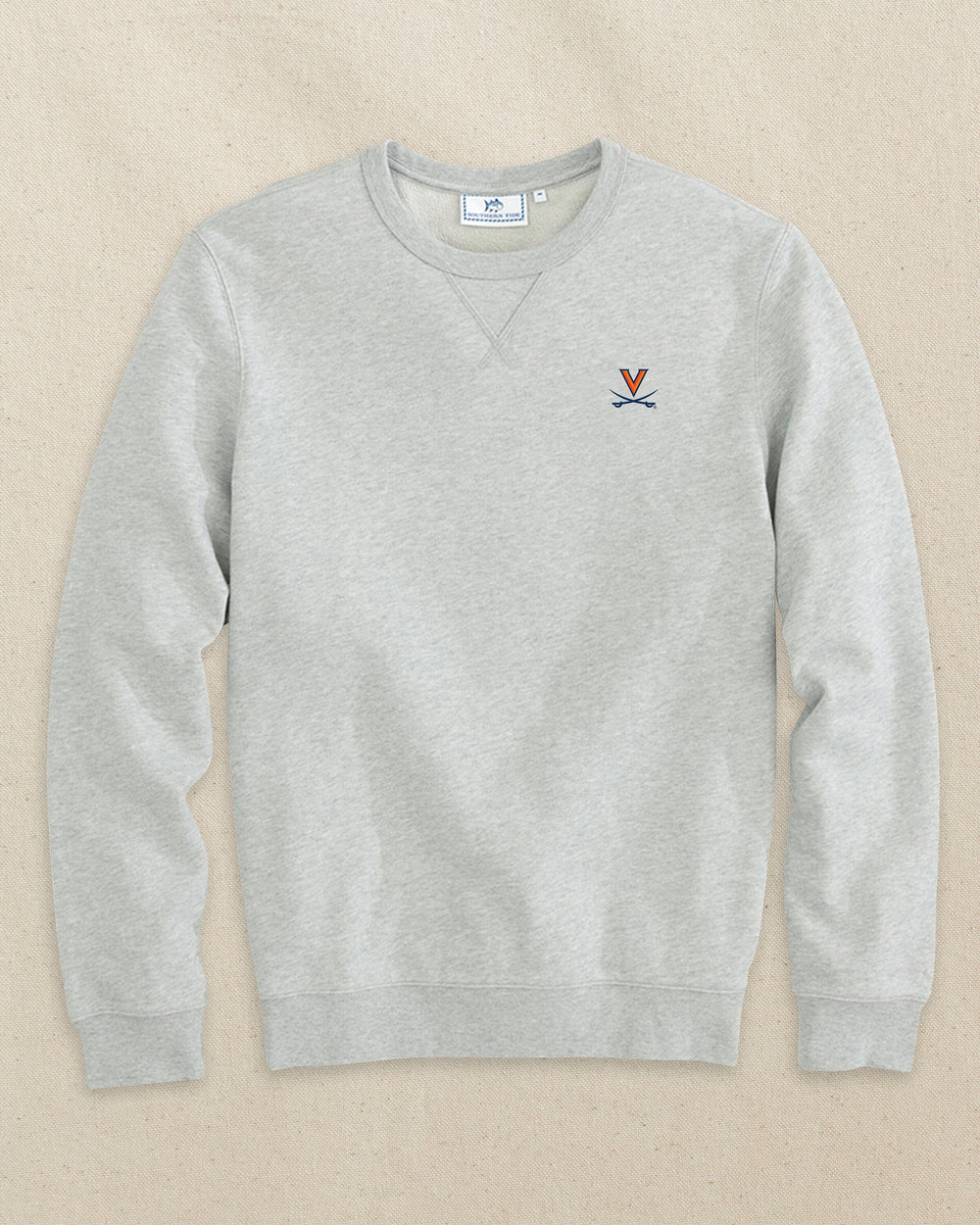 The front view of the Southern Tide UVA Cavaliers Upper Deck Pullover Sweatshirt by Southern Tide - Heather Slate Grey