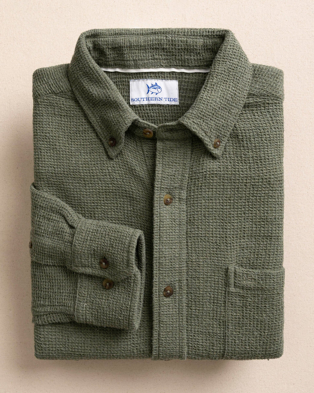 The front view of the Southern Tide Waffle Weave Heather Sport Shirt by Southern Tide - Heather Cedar Green