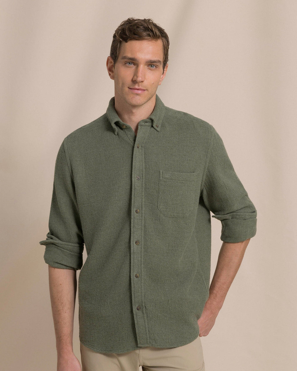 The front view of the Southern Tide Waffle Weave Heather Sport Shirt by Southern Tide - Heather Cedar Green