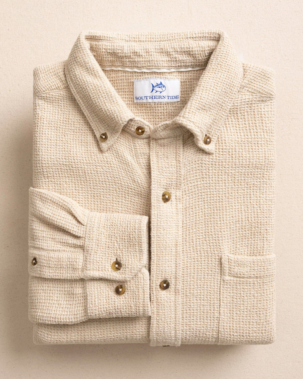 The front view of the Southern Tide Waffle Weave Heather Sport Shirt by Southern Tide - Heather Sand Dunes