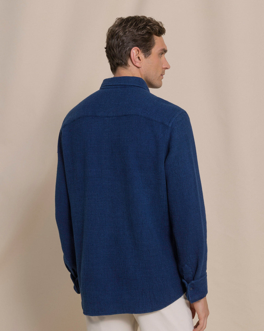 The back view of the Southern Tide Waffle Weave Sport Shirt by Southern Tide - Dark Blue