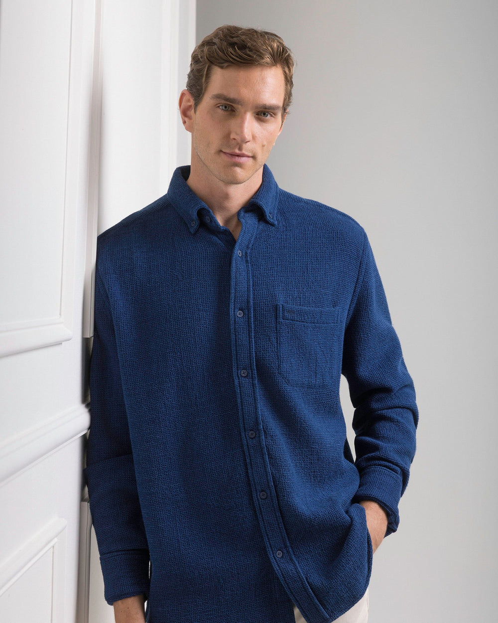 The front view of the Southern Tide Waffle Weave Sport Shirt by Southern Tide - Dark Blue