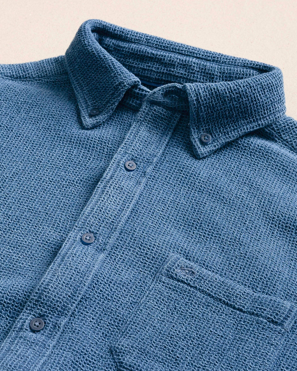 The detail view of the Southern Tide Waffle Weave Sport Shirt by Southern Tide - Light Blue