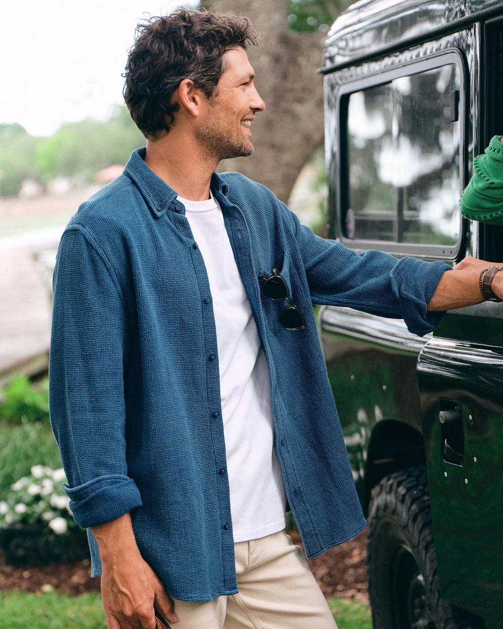 The lifestyle view of the Southern Tide Waffle Weave Sport Shirt by Southern Tide - Light Blue
