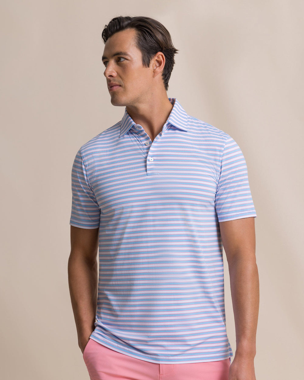 The front view of the Southern Tide Water Way Stripe Coastal Breeze® Performance Polo by Southern Tide - Ocean Channel