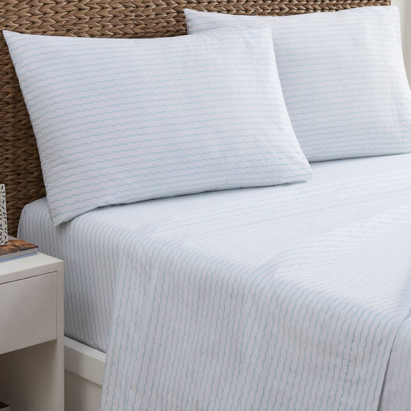 The front view of the Southern Tide Wavy Stripe Aqua Sheet Set by Southern Tide - Aqua