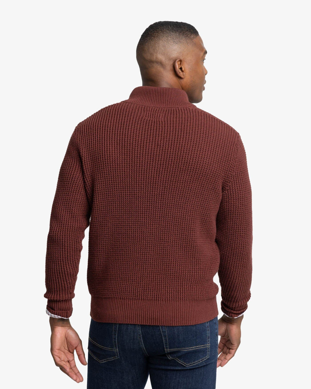 The back view of the Southern Tide Westmont Heather Jade Quarter Zip Button by Southern Tide - Heather Bordeaux Red
