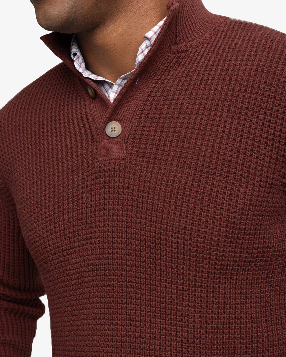 The detail view of the Southern Tide Westmont Heather Jade Quarter Zip Button by Southern Tide - Heather Bordeaux Red