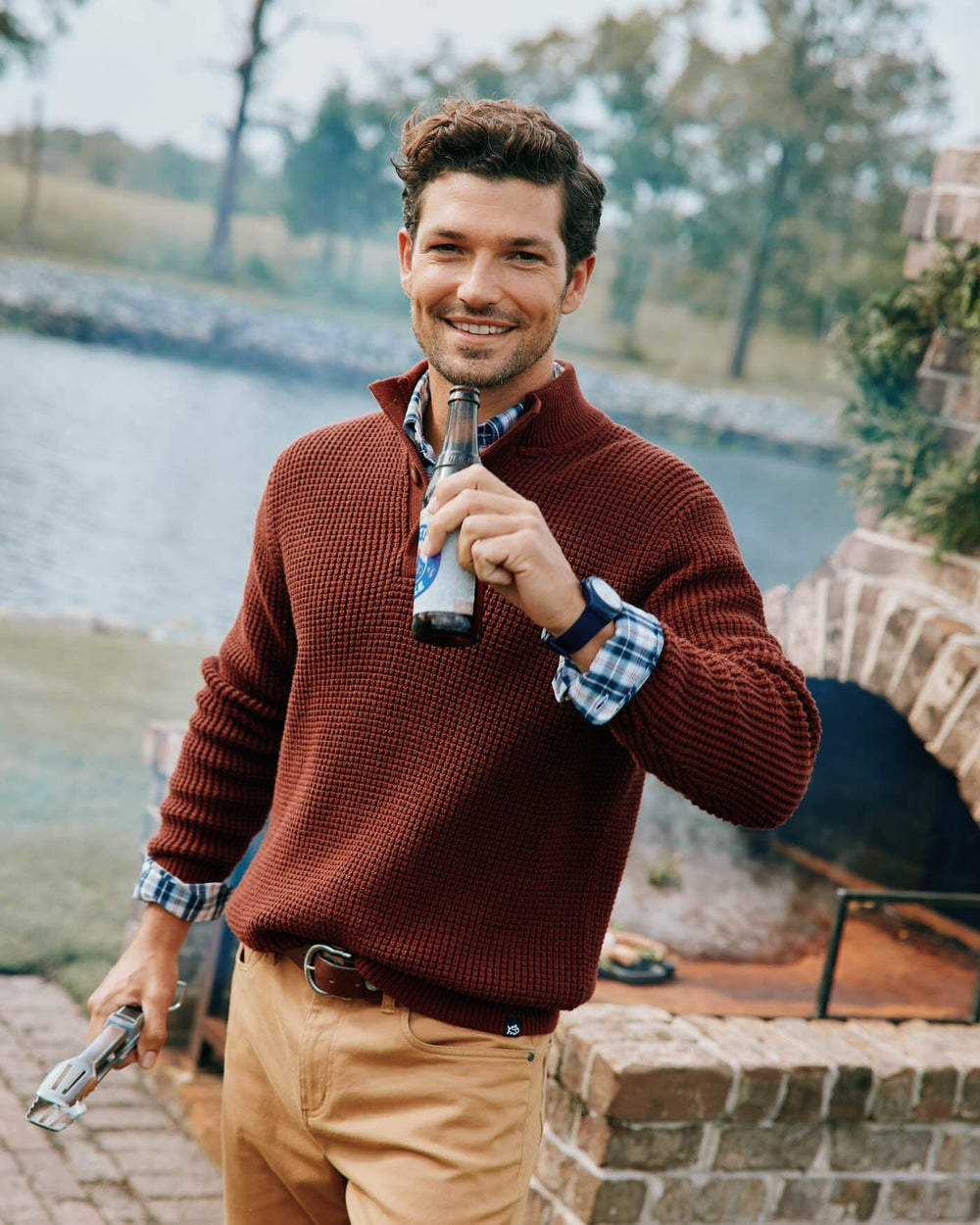 The front view of the Southern Tide Westmont Heather Jade Quarter Zip Button by Southern Tide - Heather Bordeaux Red