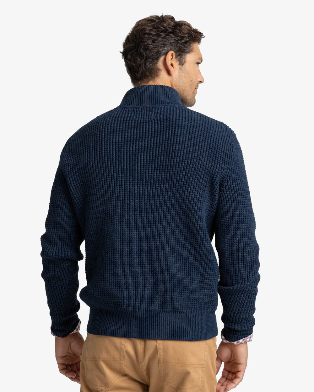 The back view of the Southern Tide Westmont Heather Jade Quarter Zip Button by Southern Tide - Heather Dress Blue