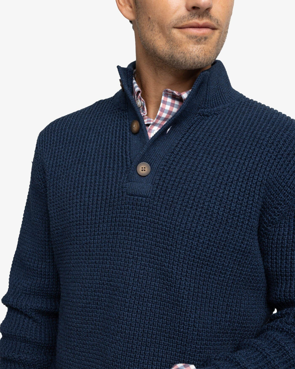 The detail view of the Southern Tide Westmont Heather Jade Quarter Zip Button by Southern Tide - Heather Dress Blue