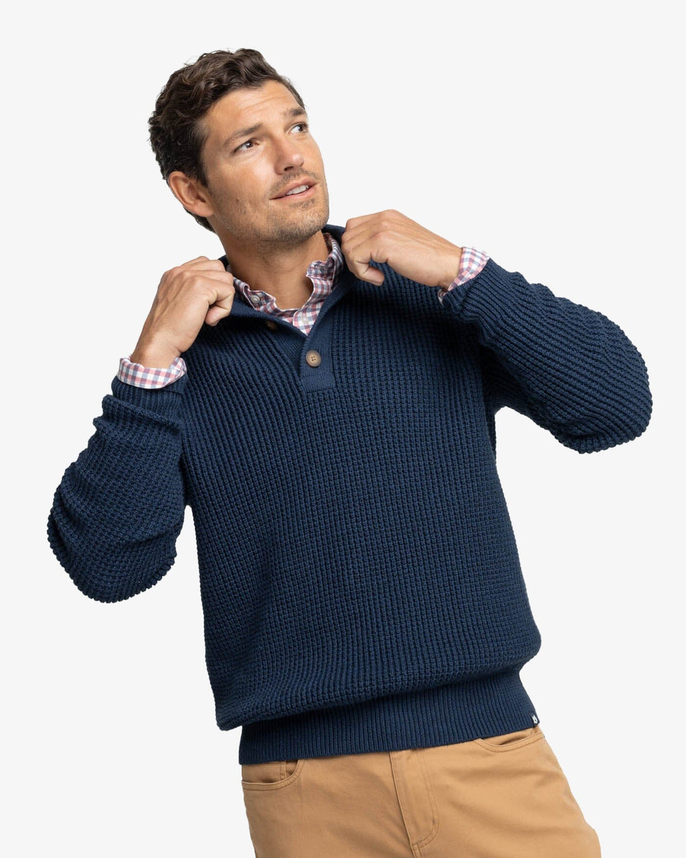The front view of the Southern Tide Westmont Heather Jade Quarter Zip Button by Southern Tide - Heather Dress Blue