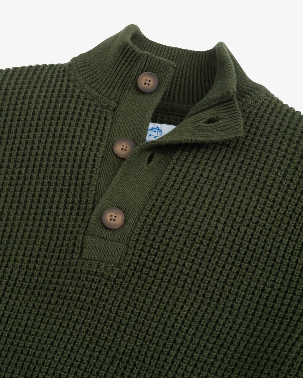 The detail view of the Southern Tide Westmont Heather Jade Quarter Zip Button by Southern Tide - Heather Gulf Green