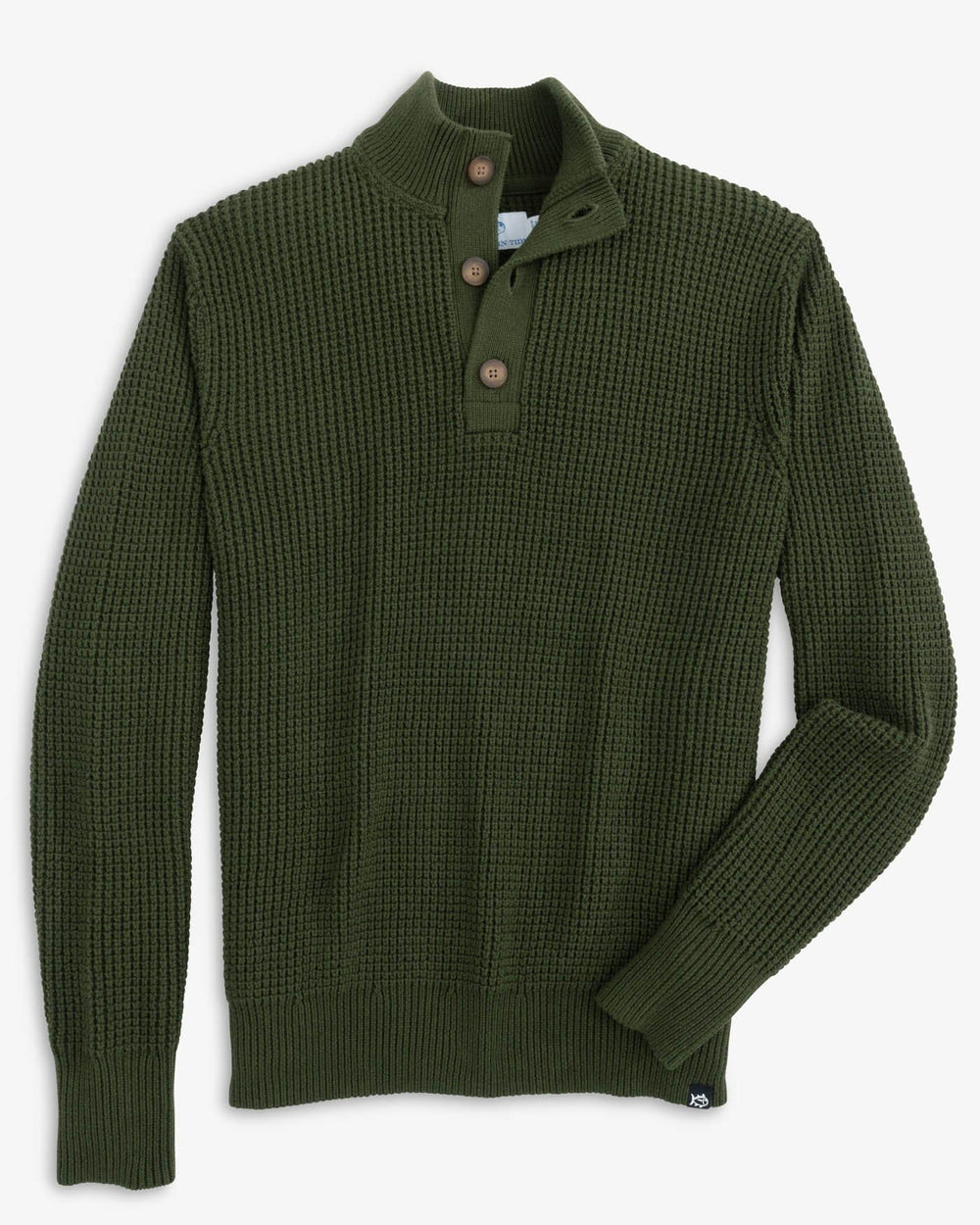 The front view of the Southern Tide Westmont Heather Jade Quarter Zip Button by Southern Tide - Heather Gulf Green