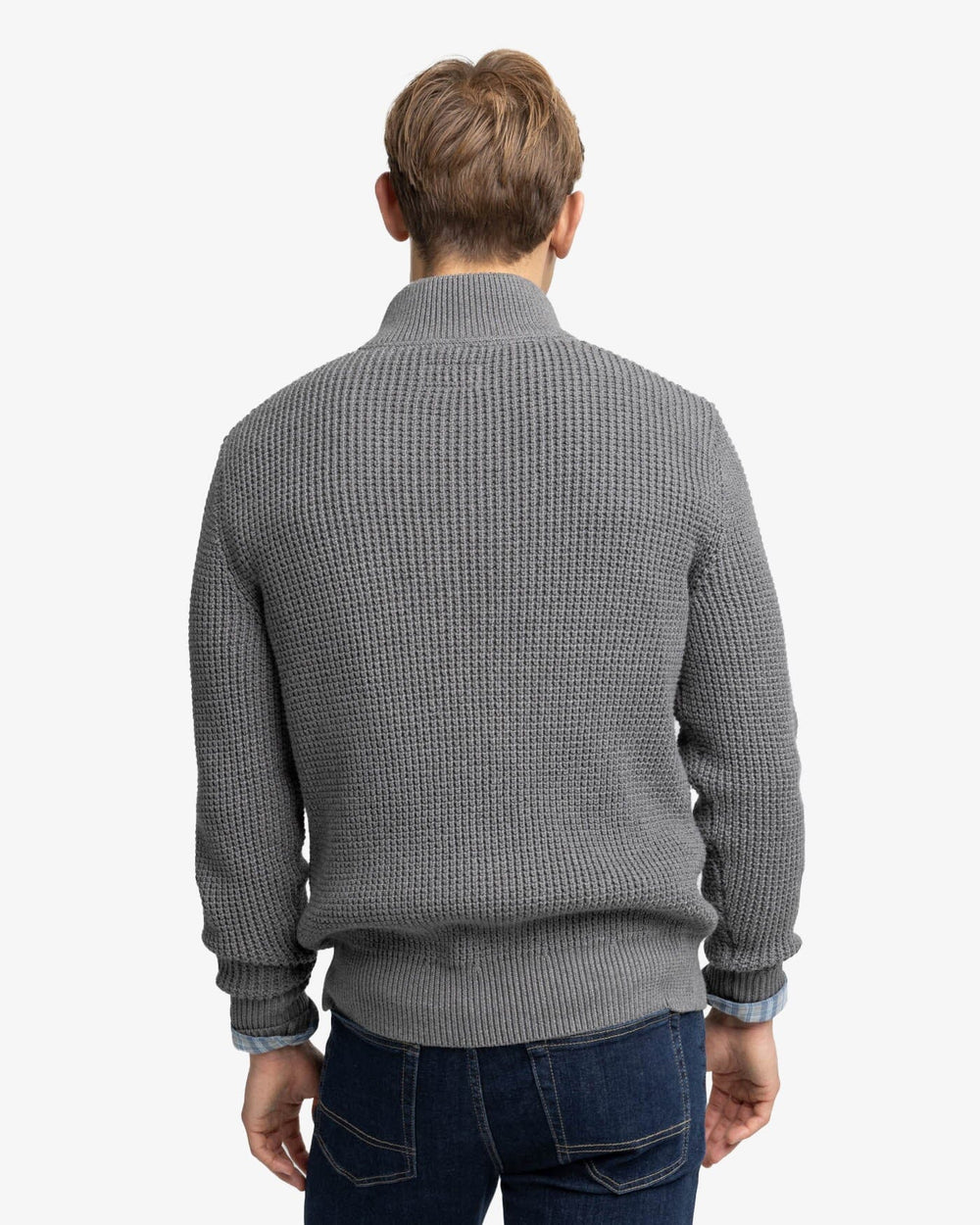 The back view of the Southern Tide Westmont Heather Jade Quarter Zip Button by Southern Tide - Heather Shadow Grey