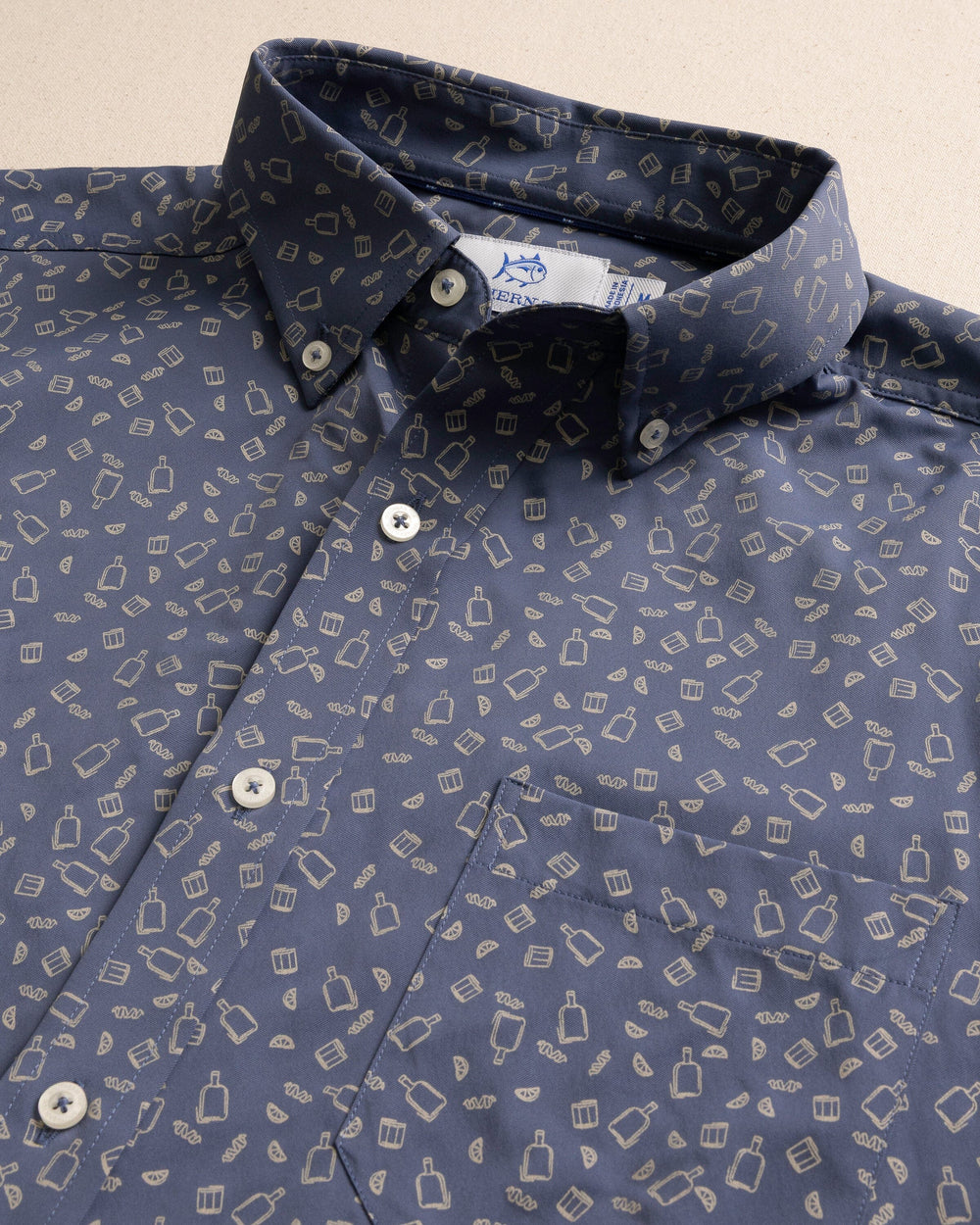 The detail view of the Southern Tide Whiskey Hour Intercoastal Short Sleeve Sport Shirt by Southern Tide - Light Indigo