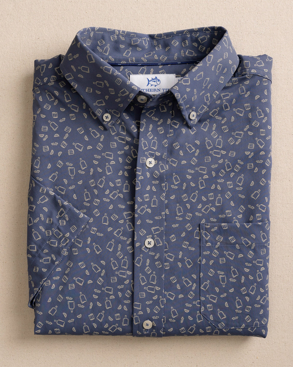 The front view of the Southern Tide Whiskey Hour Intercoastal Short Sleeve Sport Shirt by Southern Tide - Light Indigo