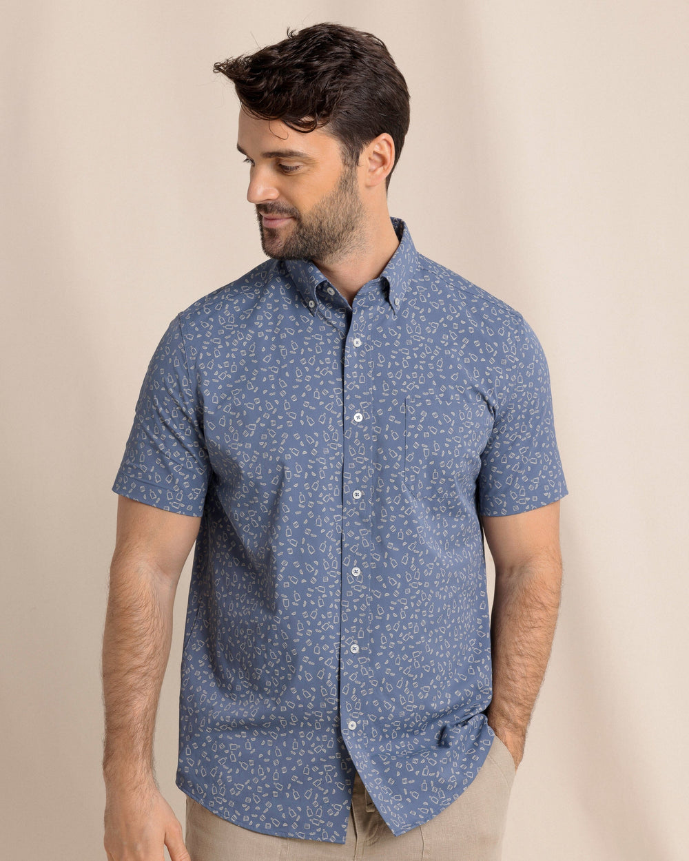 The front view of the Southern Tide Whiskey Hour Intercoastal Short Sleeve Sport Shirt by Southern Tide - Light Indigo