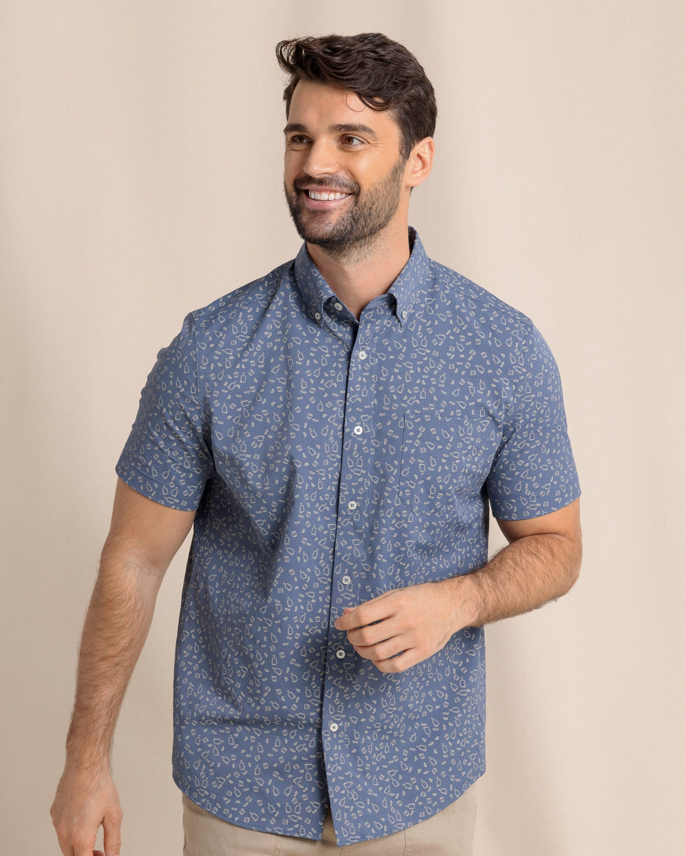 The front side view of the Southern Tide Whiskey Hour Intercoastal Short Sleeve Sport Shirt by Southern Tide - Light Indigo