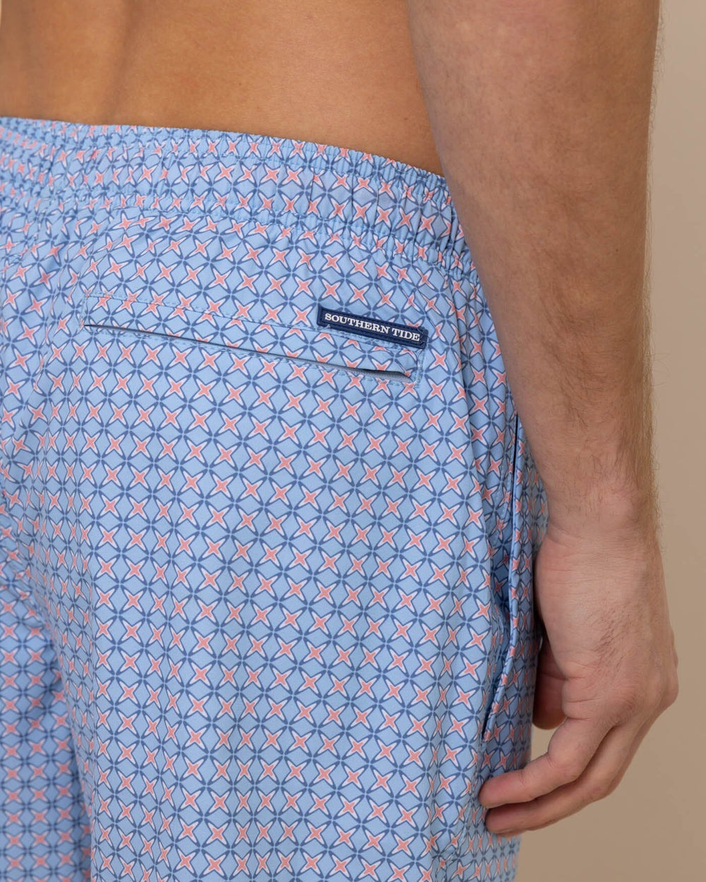 The detail view of the Southern Tide White Lotus Swim Trunk by Southern Tide - Clearwater Blue