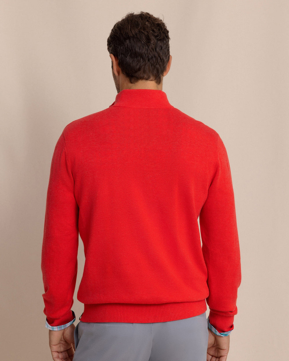 The back view of the Southern Tide Whitehaven Heather Quarter Zip Sweater by Southern Tide - Heather Crab Red