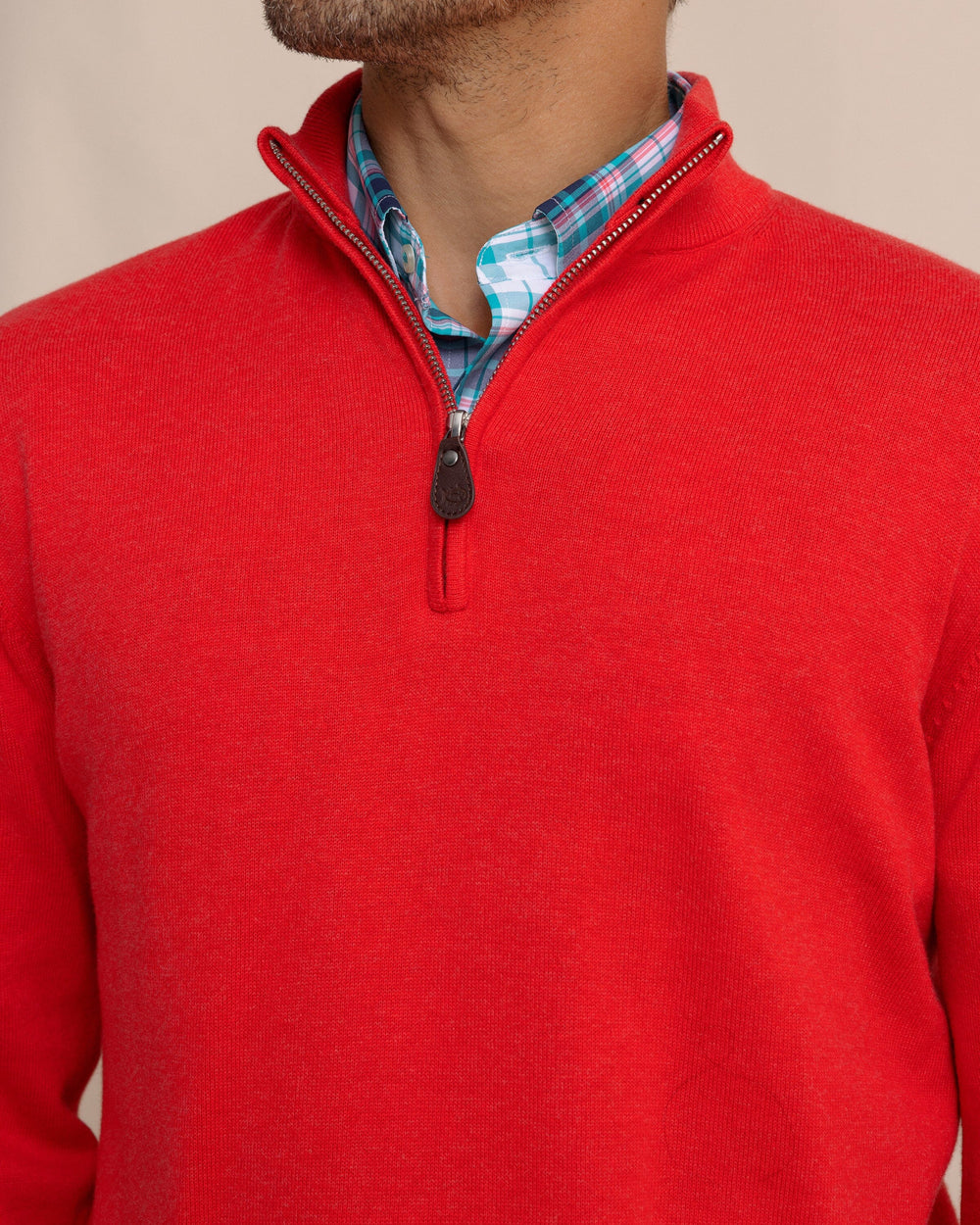 The detail view of the Southern Tide Whitehaven Heather Quarter Zip Sweater by Southern Tide - Heather Crab Red