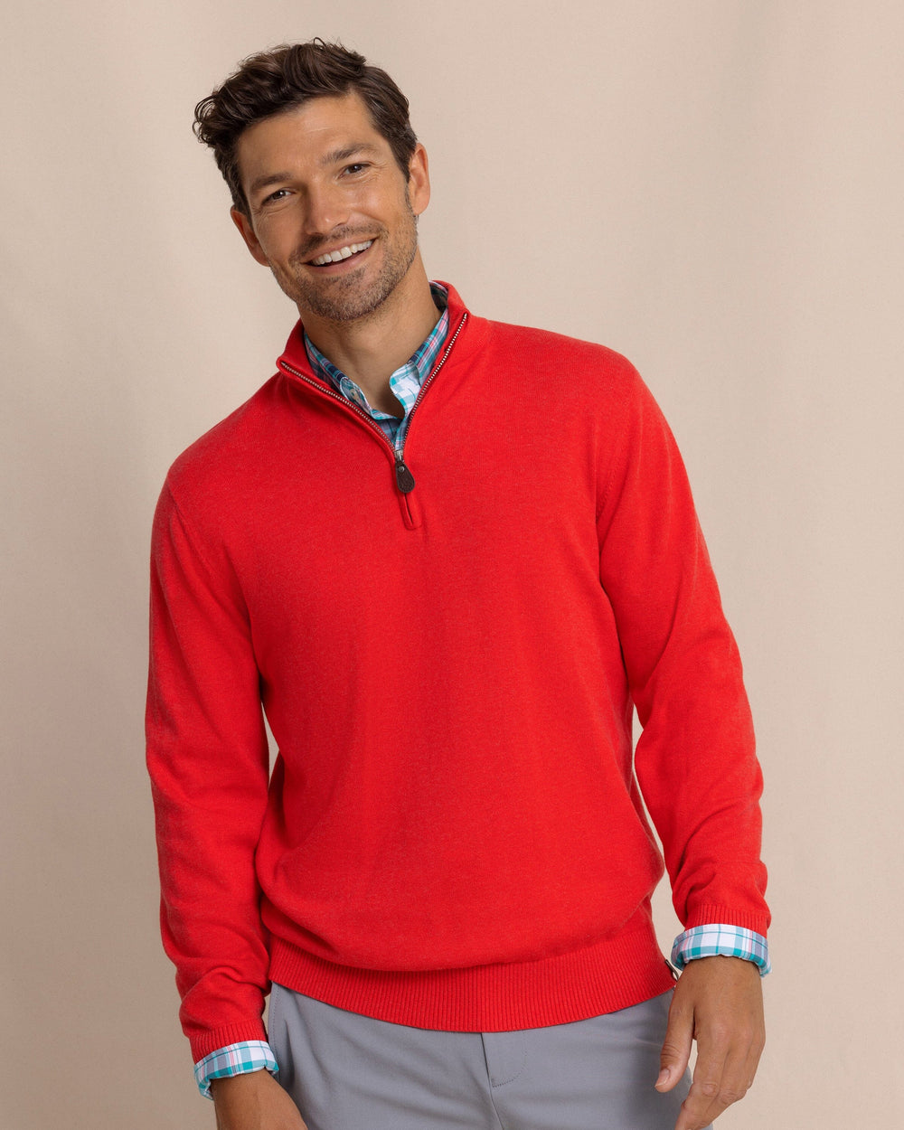 The front view of the Southern Tide Whitehaven Heather Quarter Zip Sweater by Southern Tide - Heather Crab Red